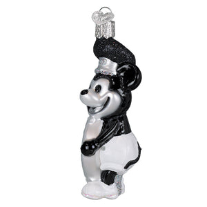 Black and silver glass christmas ornament of mickey mouse in glittery marching band uniform from steamboat willie skipper collection