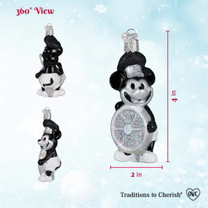 Steamboat willie skipper black and white glass ornament holding a glittery silver shield for world christmas glass collection