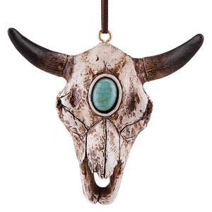 Steer skull ornament pendant with turquoise stone featuring a bull skull design perfect as a western ornament