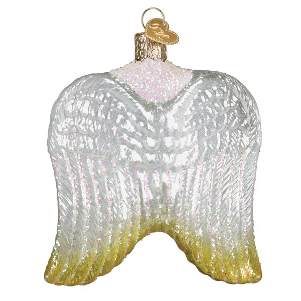 Sterling angel wings ornament with translucent glass, silver gold gradient, etched feathers, pink glitter top radiant angel ornament