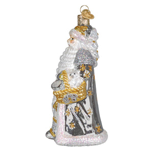 Silver and gold glittered glass workshop santa ornament holding a white kitten in a woven basket christmas glass ornament