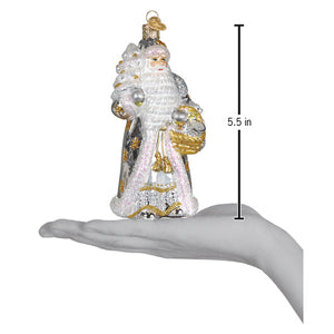Sterling santa ornament is a 5.5-inch tall glass santa ornament with a white beard and silver gold robe detailing holding a golden basket
