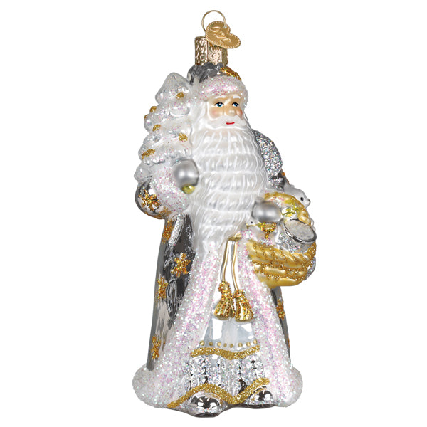 A sparkling silver and gold christmas glass santa ornament with glittery details holding a basket of gifts