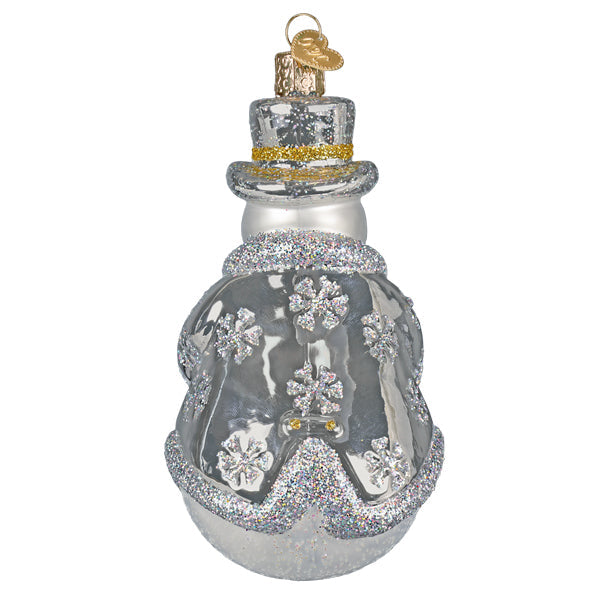 Silver sterling snowman ornament with glittery details and crystal snowflakes perfect as happy snowman ornament decor