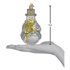 A charming silver glitter sterling snowman ornament with gold accents and lantern lighted decor for holiday fun