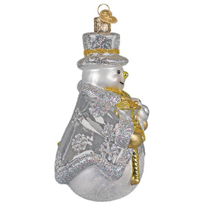 Sterling snowman ornament in silver with gold accents and glitter details perfect as happy snowman ornament or figural decor