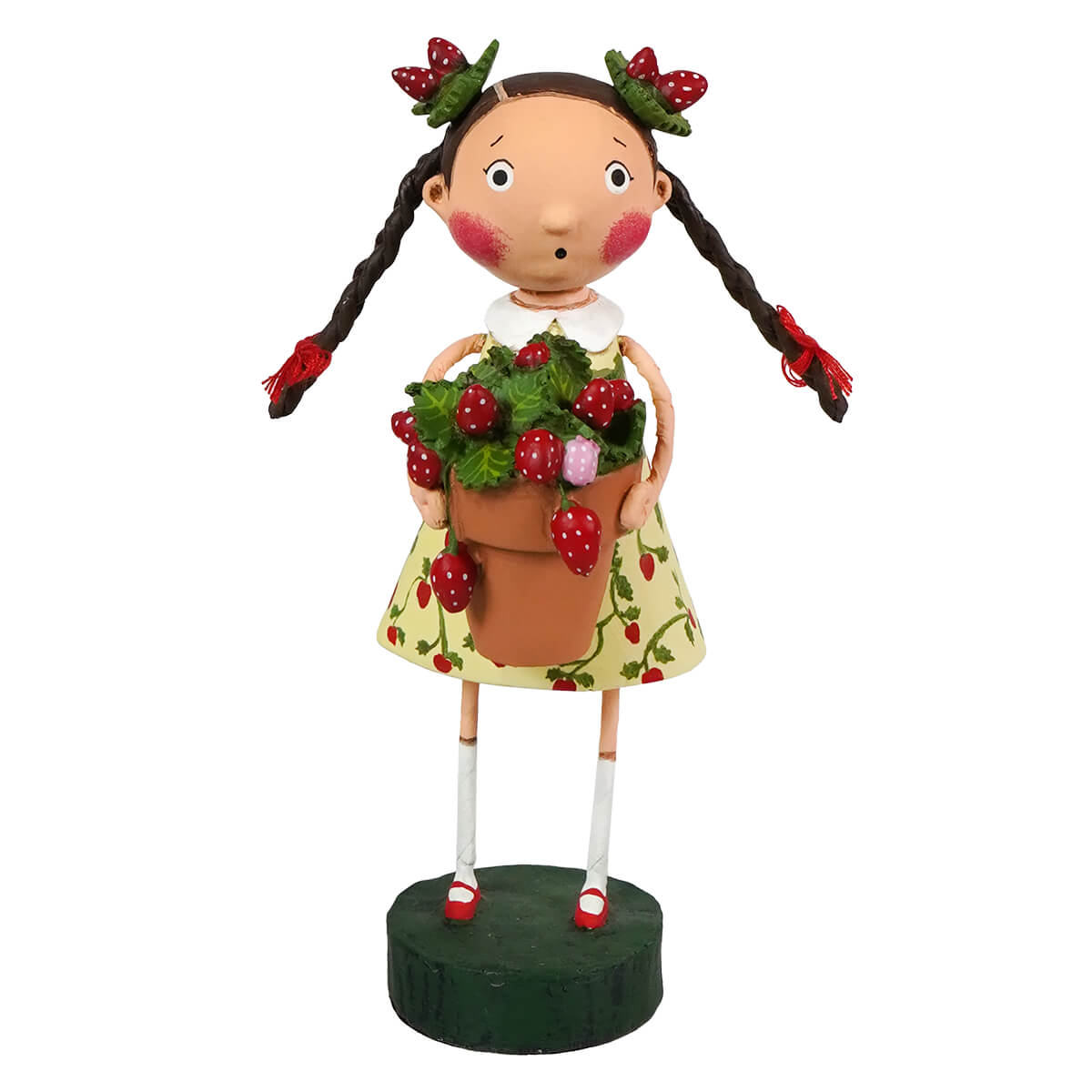 Strawberry fields lori mitchell figurine of girl with braided hair, yellow strawberry dress, holding pot of red berries