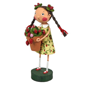 Strawberry fields lori mitchell figurine girl with braided pigtails yellow dress with red strawberries on green vines