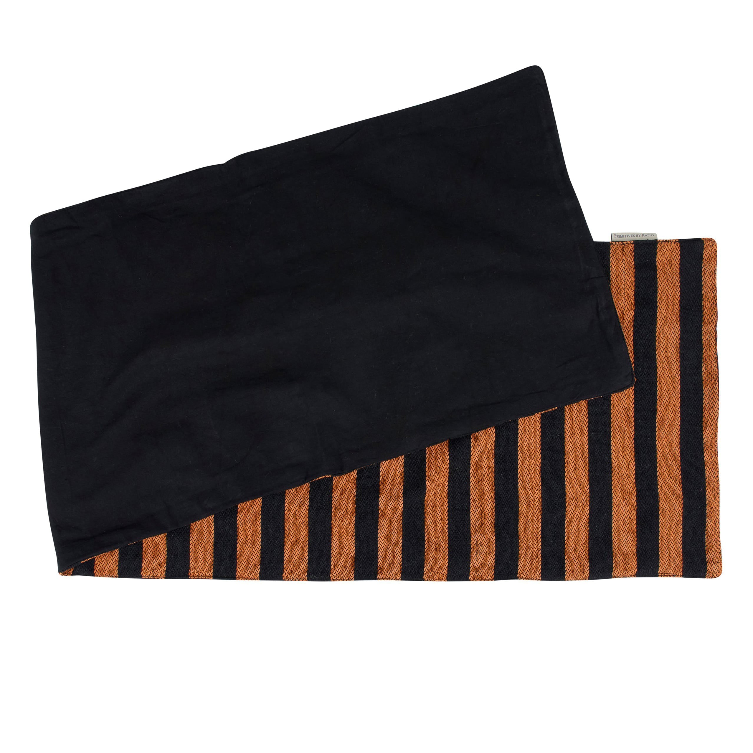 Black and orange striped halloween runner with solid black interior perfect for holiday table runners and happy halloween runner decor