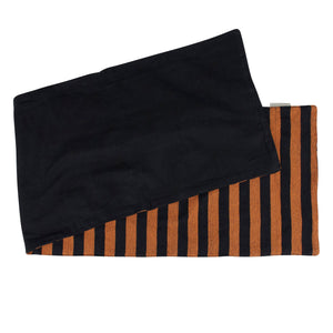 Black and orange striped halloween runner with solid black interior perfect for holiday table runners and happy halloween runner decor