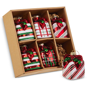Striped plaid gift ornaments box set with red and white glass indent vintage ornaments and holly accents