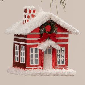 Red and white striped tin house ornament with glittery snow wreath and bow perfect as vintage reproduction christmas village houses