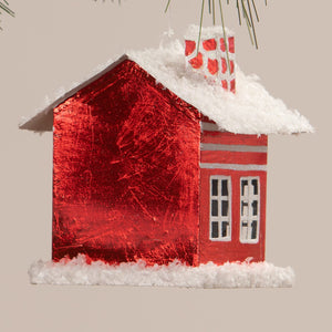 Shiny red stripped tin house ornament with white snow and patterned chimney perfect as a vintage reproduction christmas village house or village ornament