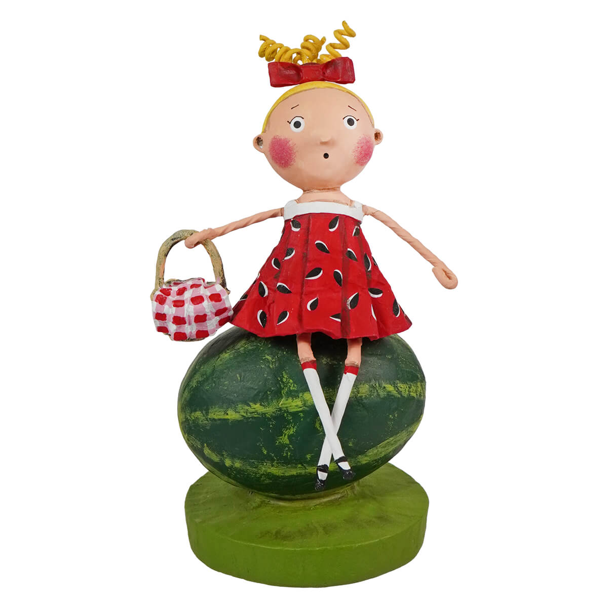 Whimsical lori mitchell sugar baby figurine of blonde girl in red dress with watermelon sitting on green watermelon base