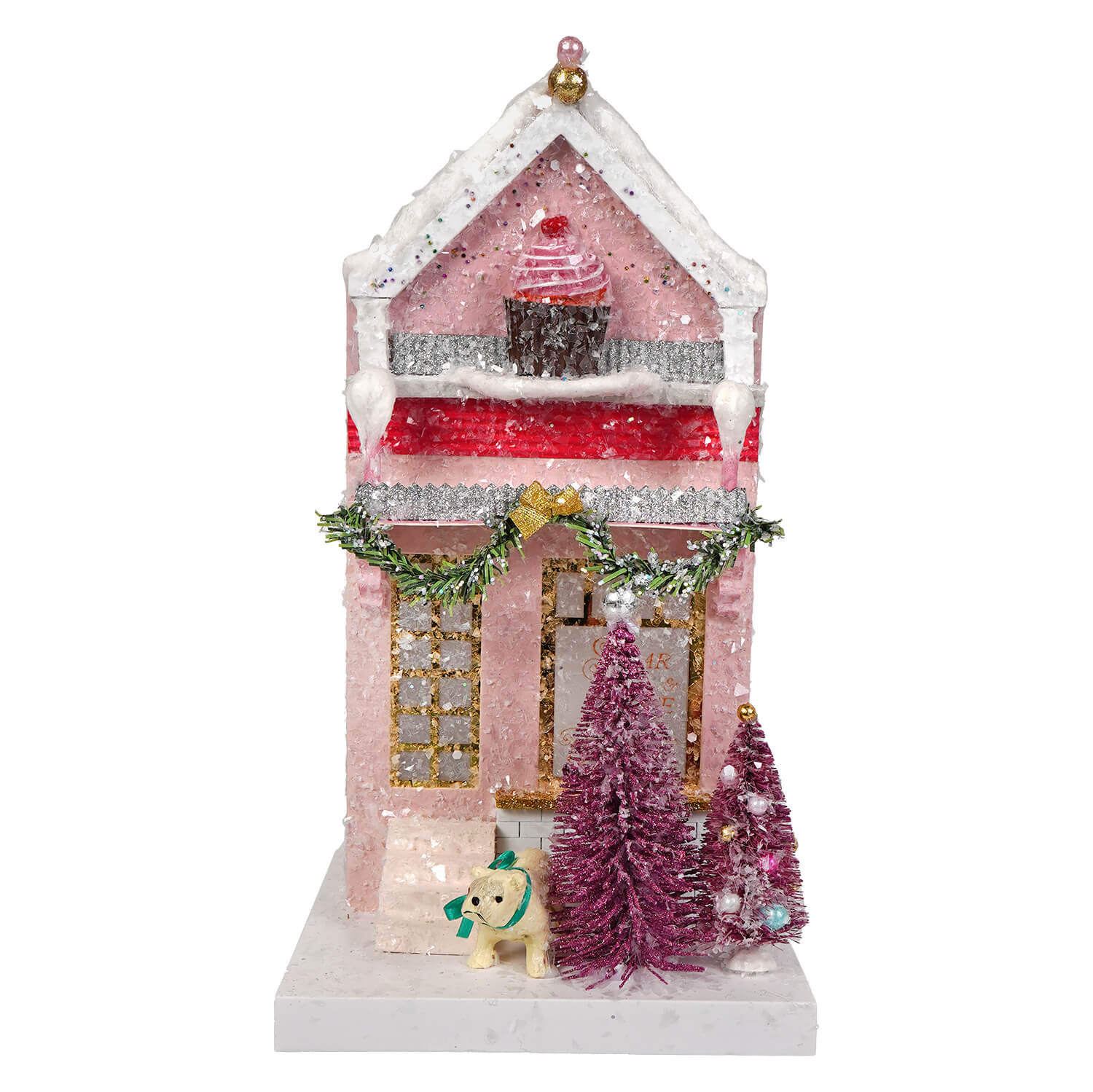 Pink glittery cody foster christmas house ornament sugar and spice bake house with cupcake balcony and purple frosted trees