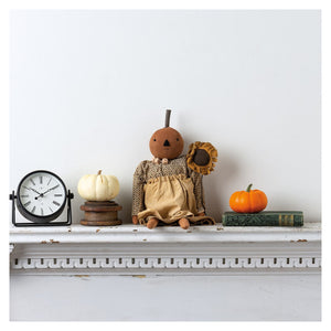 A rustic sunflower susie hattie pumpkin doll with brown pumpkin head and tan fabric body perfect halloween doll