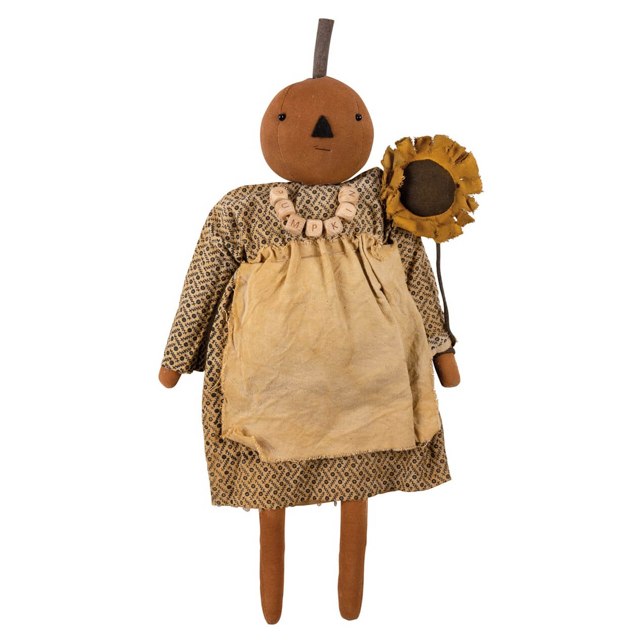 A rustic brown hattie pumpkin doll wearing a patterned dress and apron holding a sunflower perfect for halloween dolls