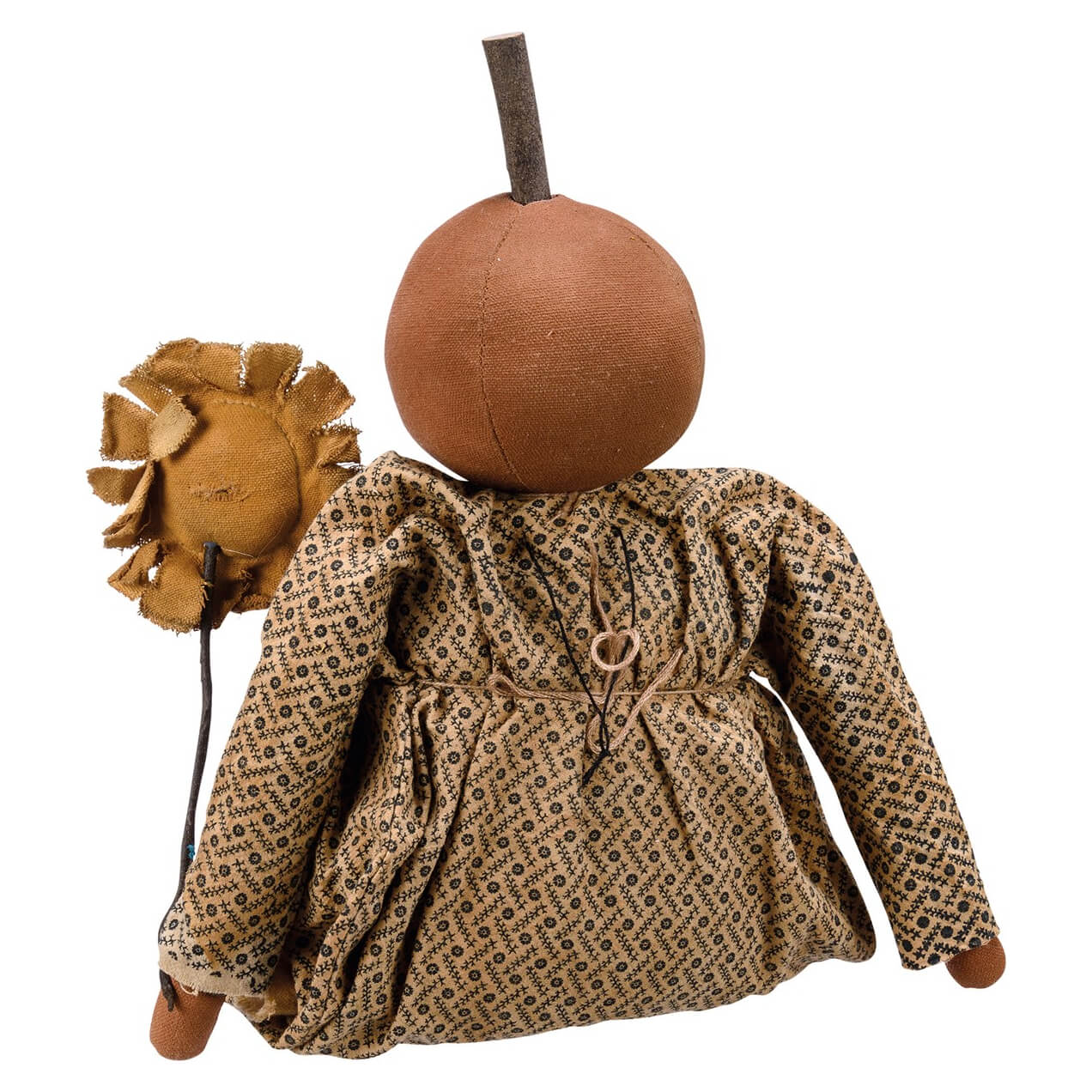 A rustic hattie pumpkin doll with a brown fabric pumpkin head wearing beige floral dress holding frayed burlap sunflower