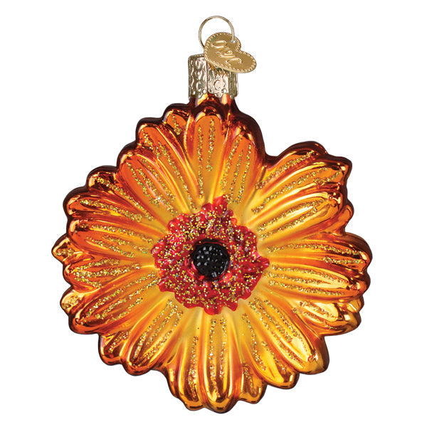 A vibrant orange and yellow glass gerbera daisy ornament with glittery center and metallic gold loop for flower & garden ornaments