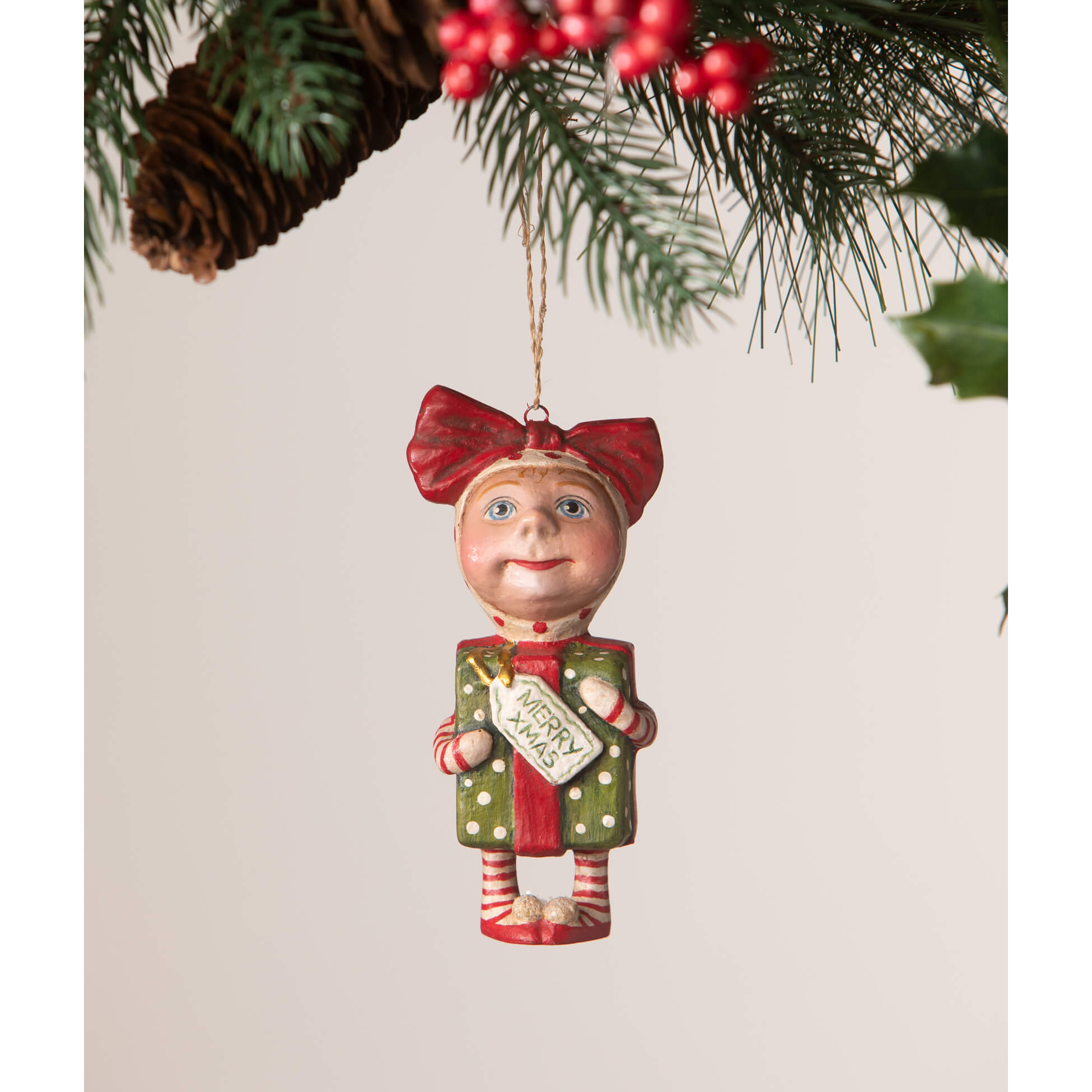 A charming bethany lowe designs surprise package girl ornament with red and green elf holding merry xmas tag by debra schoch
