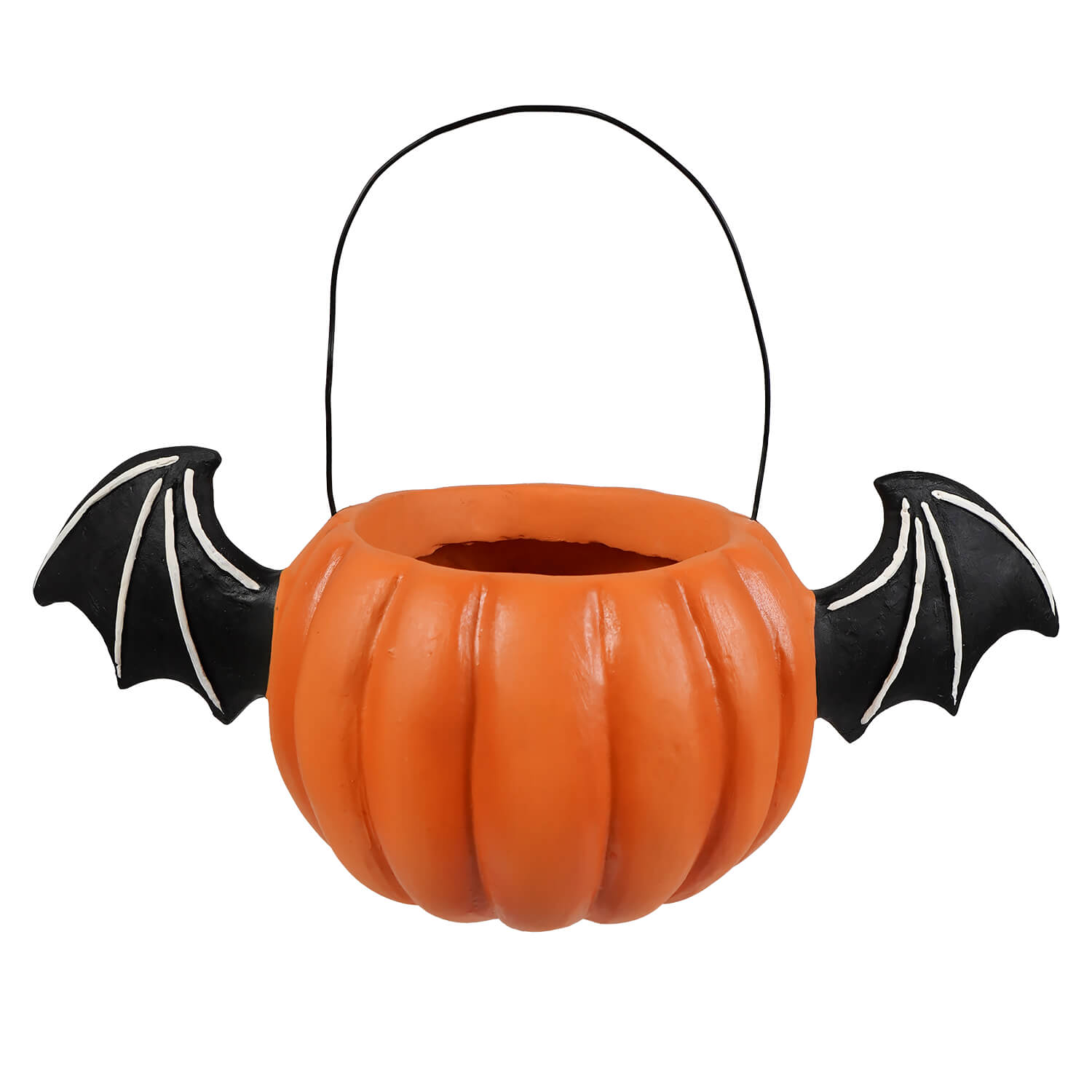 Orange pumpkin-shaped jack bucket with black bat wings and wire handle perfect for halloween pumpkins and gourds