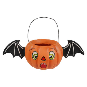 Orange plastic bat-themed halloween jack bucket with black wings and handle perfect for halloween buckets and lanterns
