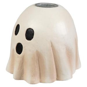 Cream-colored surprised ghost candlestick with black eye cutouts and silver rim perfect for halloween ghost figures decor