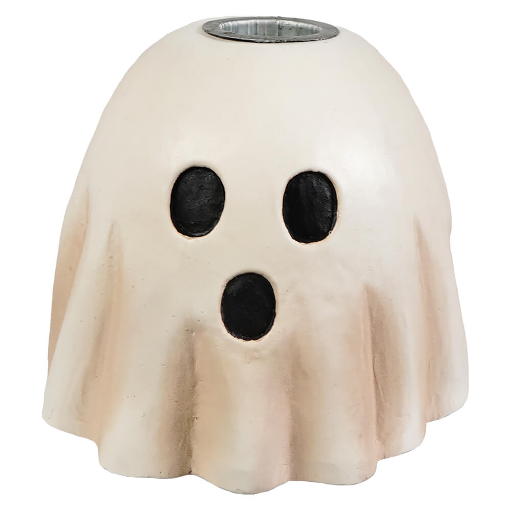 Cream-colored surprised ghost candlestick with black cutouts and metallic rim perfect for halloween ghost figures decor