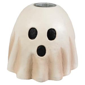 Cream-colored surprised ghost candlestick with black cutouts and metallic rim perfect for halloween ghost figures decor