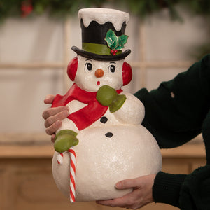 A festive white glittery bethany lowe design surprised snowman with a red scarf holding a candy cane for christmas decor
