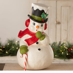 A charming bethany lowe design surprised snowman figurine with top hat red scarf and candy cane for christmas snowman decor