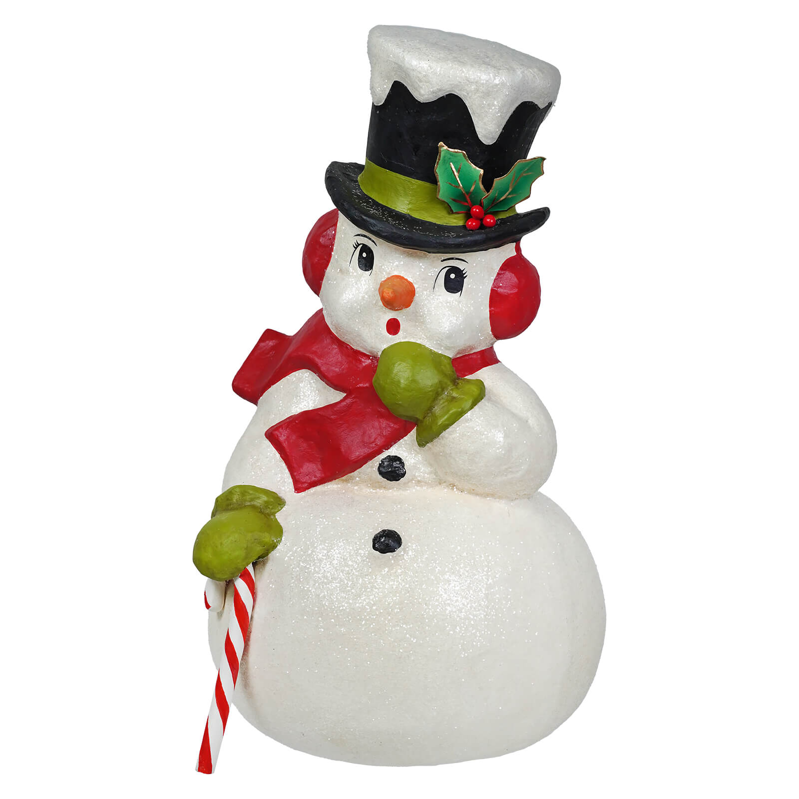 A charming bethany lowe design surprised snowman figurine with black top hat red scarf and candy cane christmas snowman decor