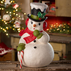 A bethany lowe design surprised snowman figurine with glittery finish, red scarf, black top hat, and candy cane, perfect christmas snowman decor
