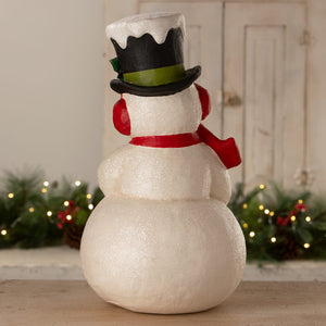 Surprised snowman white glittery figurine with black top hat green band red earmuffs red scarf bethany lowe design christmas snowman figures decor