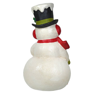 White surprised snowman figurine with black top hat green trim red earmuffs and scarf bethany lowe design christmas decor