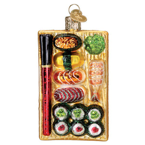 Glass sushi roll ornament shaped like a vibrant sushi platter with detailed figural decor for world christmas