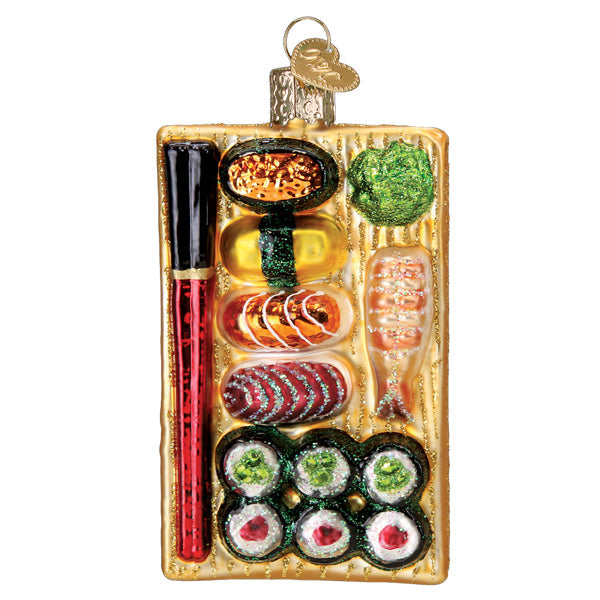 Glass sushi roll ornament shaped like a vibrant sushi platter with detailed figural decor for world christmas