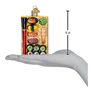 A detailed glass sushi roll ornament featuring colorful miniature rolls for world christmas figural decor