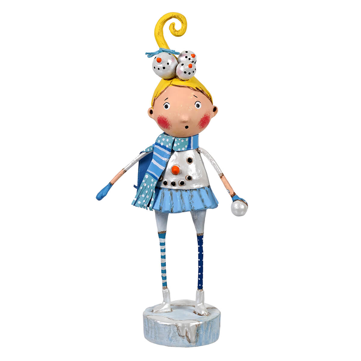 Whimsical susie snowbelle snowman girl figurine by lori mitchell in colorful winter outfit and scarf