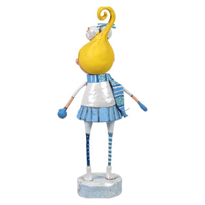 A whimsical susie snowbelle figurine by lori mitchell with yellow head and blue white striped scarf and polka-dot leggings