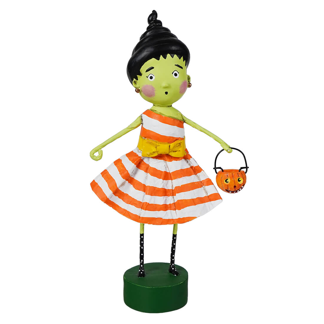 Susie Stein halloween figurine with green skin black hair wearing orange white striped dress on green base by Lori Mitchell