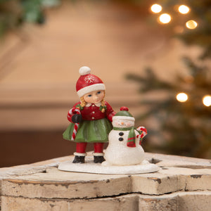 Festive bethany lowe designs resin susie with snowman figure in red and green holding candy canes for christmas decor