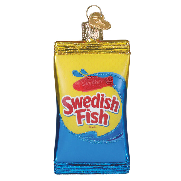 Shiny glass swedish fish® ornament shaped like a yellow and blue candy bag with red fish logo dessert & confectionery ornaments