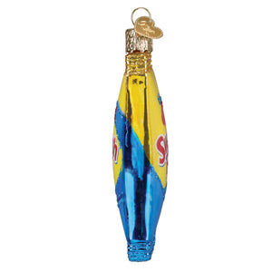 A vibrant yellow and blue glass swedish fish® ornament shaped like a soda bottle with red lettering and glitter