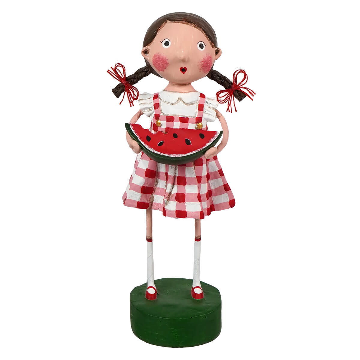 Sweet carolina lori mitchell figural decor of a girl with brown pigtails in red checkered overalls holding watermelon slice