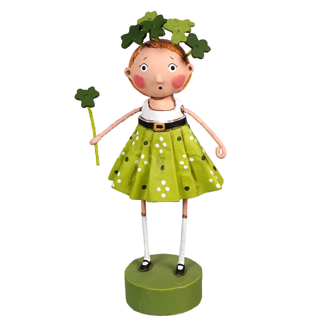 Green polka-dot lori mitchell sweet clover figurine girl with shamrock hair holding a clover for st patricks day