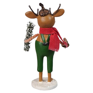 A charming brown resin sweet reindeer figurine with black antlers wearing red scarf and green pants by bethany lowe designs