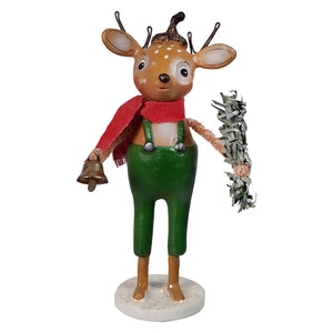 A charming sweet reindeer figurine by bethany lowe designs wearing green overalls and red scarf holding a bell and foliage