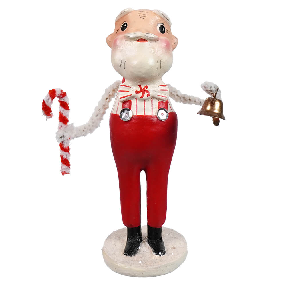 Red-painted sweet santa figurine by bethany lowe designs holding candy cane and bell in red overalls and striped shirt