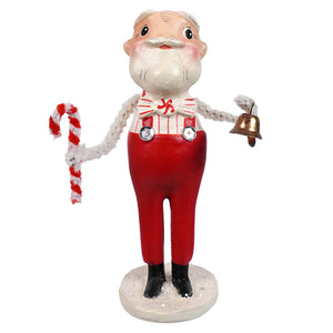 Red-painted sweet santa figurine by bethany lowe designs holding candy cane and bell in red overalls and striped shirt